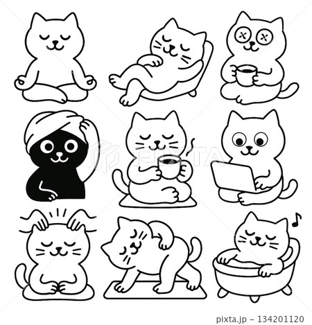 Cute cat illustration black and white relaxing meditating drinking tea working bathing playful 134201120