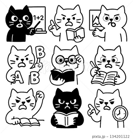 Black and white cat cartoon, teacher and student, reading, writing, learning, education, emotion 134201122