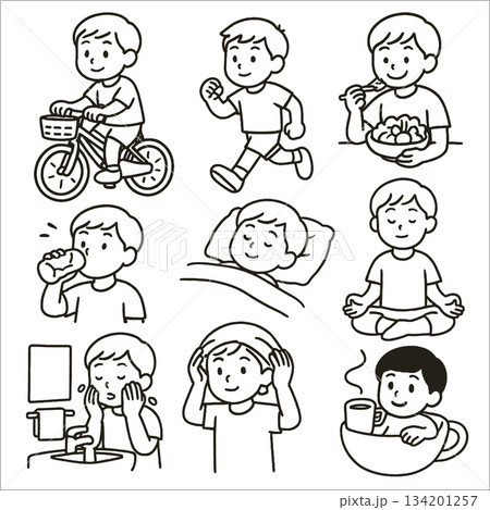 Boy riding bicycle running eating drinking sleeping meditating washing face showering drinking 134201257