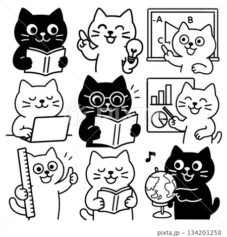 Cartoon cat reading book, teaching, using laptop, holding ruler, globe, and chart, happy mood 134201258