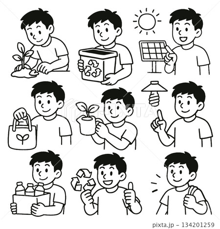 Boy planting tree, recycling, using solar energy, holding eco bag, and promoting sustainability 134201259