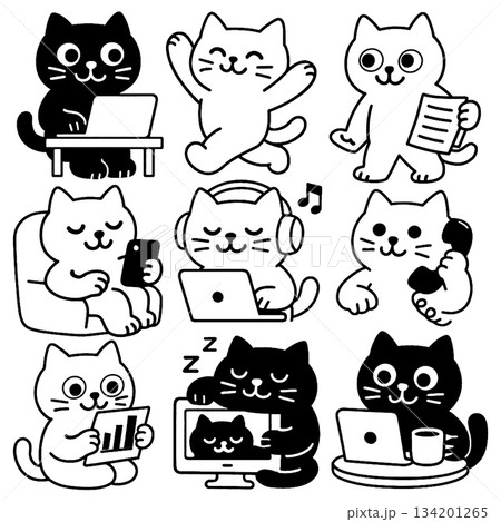 Cute cat illustration, black and white, working, relaxing, using laptop, phone, and drinking 134201265