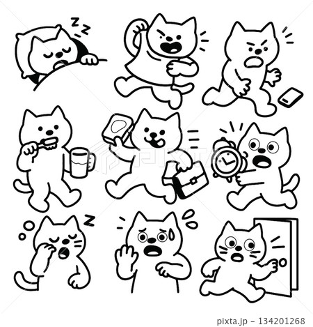 Cat cartoon morning routine emotion wake brush run alarm door 134201268