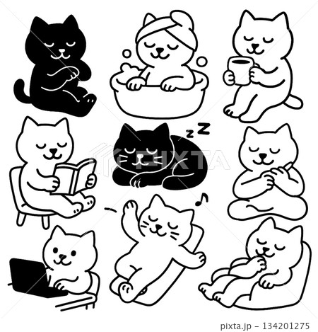 Cute cat illustration black and white relaxing reading bathing drinking sleeping working 134201275