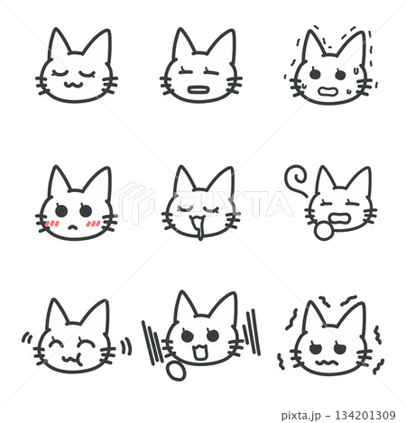 シンプルな線画の猫のイラストセット、照れや焦りなど様々な感情の表情アイコン シンプルな線画の猫のイラストセット、照れや焦りなど様々な感情の表情アイコン 134201309