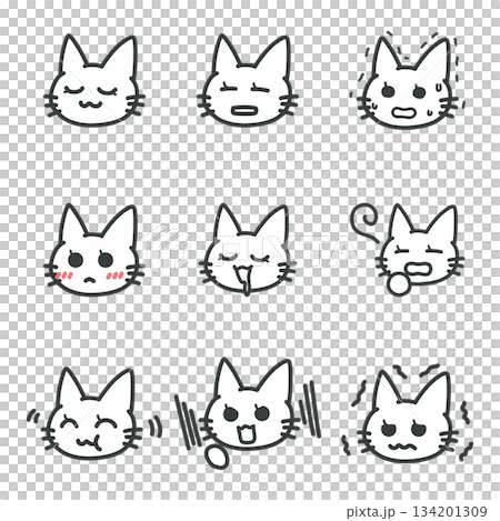 シンプルな線画の猫のイラストセット、照れや焦りなど様々な感情の表情アイコン シンプルな線画の猫のイラストセット、照れや焦りなど様々な感情の表情アイコン 134201309