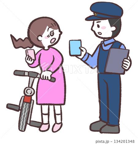 青切符渡される自転車の女性のイラスト 青切符渡される自転車の女性のイラスト 134201348