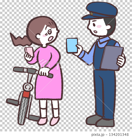 青切符渡される自転車の女性のイラスト 青切符渡される自転車の女性のイラスト 134201348