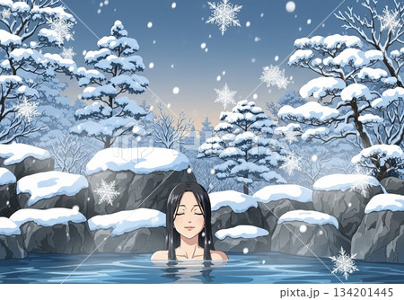 雪見風呂で癒される女性 雪見風呂で癒される女性 134201445