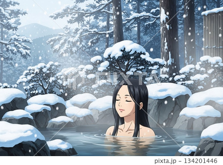 雪見風呂で癒される女性 雪見風呂で癒される女性 134201446