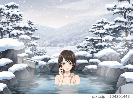 雪見風呂で癒される女性 134201448