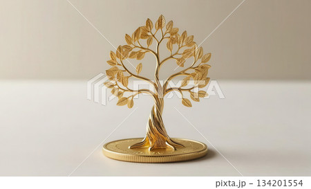 Golden tree sculpture growing from coin, symbolizing wealth 134201554