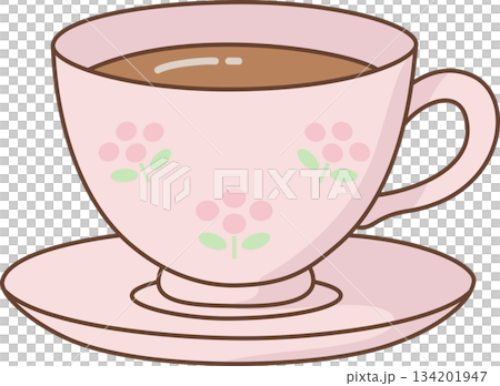 Cute Pastel Pink Teacup and Saucer Illustration with Flower Decoration 134201947