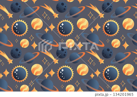 Cute seamless pattern with planets, the sun, and stars on a dark background. Flat space design. Hand-drawn illustration. 134201965