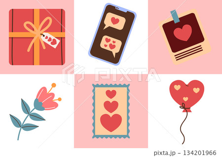 Festive seamless pattern for Valentine's Day. Flowers, gift, heart-shaped balloon. Flat style illustration. 134201966