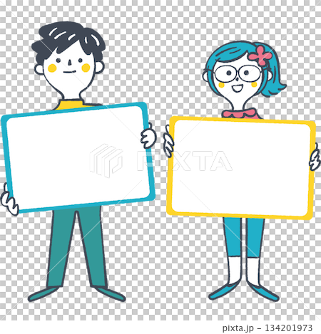 Smiling elementary school boys and girls holding up an information board. A hand-drawn framed illustration that can be used for learning tips and announcements. Smiling elementary school boys and girls holding up an information board. A hand-drawn framed illustration that can be used for learning tips and announcements. 134201973