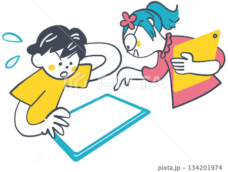 タブレット学習で困る男の子と教える女の子　操作トラブルや間違い解決の教育手書き風イラスト 134201974