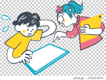 タブレット学習で困る男の子と教える女の子　操作トラブルや間違い解決の教育手書き風イラスト 134201974