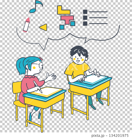 Elementary school boys and girls discussing ideas in class with speech bubbles. Hand-drawn illustration representing independent learning and planning. 134201975
