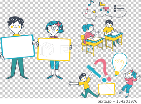 タブレット学習を楽しむ小学生と案内ボードのイラストセット　ICT教育やひらめきを伝える手書き素材 134201976