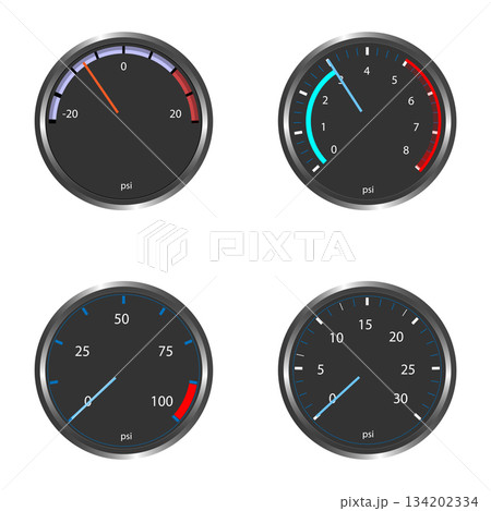 Set of realistic pressure gauges with color-coded zones. Includes multiple psi scales and needle positions. 134202334