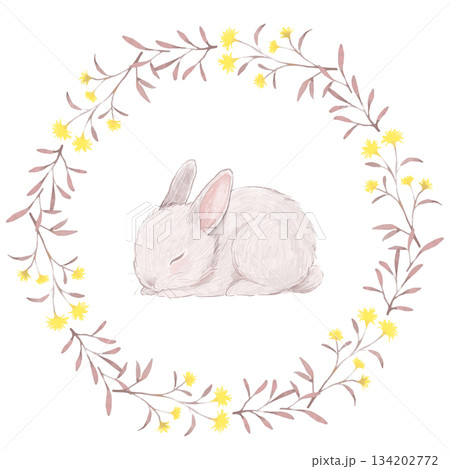 手描き水彩黄色の小花と寝ているうさぎのフラワーフレーム 134202772