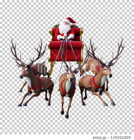 Santa Claus rides in his sleigh pulled by reindeer during Christmas celebrations in a winter scene 134202809