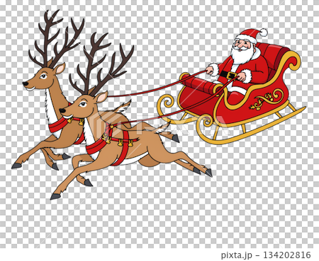 Santa Claus rides in his sleigh pulled by reindeer during Christmas celebrations in a winter scene 134202816