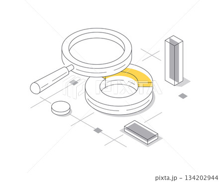 data analysis. It showcases various geometric shapes, a magnifying glass, and pie elements data analysis. It showcases various geometric shapes, a magnifying glass, and pie elements 134202944