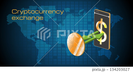 Understanding cryptocurrency exchange through a digital transfer on a world map displaying currency flow. 134203027