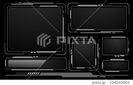 Hud frames white grey user interface elements design modern technology futuristic control panel screen digital hologram window gaming menu touching cyber monitor set on black background vector Hud frames white grey user interface elements design modern technology futuristic control panel screen digital hologram window gaming menu touching cyber monitor set on black background vector 134203065