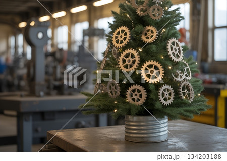 Industrial steampunk christmas tree decorated with metal gears, unique engineering-themed holiday concept 134203188