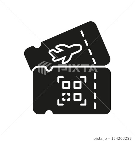 Airplane Tickets With Qr Code Solid Icon. Travel Booking, Flight Reservation, And Digital Ticketing Silhouette Symbol. Modern Aviation And Travel Industry. Isolated Vector Illustration 134203255