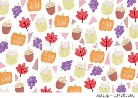 白背景に手描きイラストパターン。秋の読書のコンセプト。本・どんぐり・かぼちゃ・ぶどう 134203260