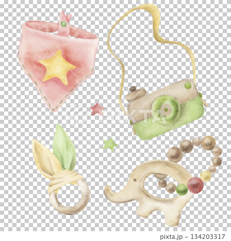 A set of wooden toys for babies: a bib, a camera, a teether, and an elephant rattle. These eco-friendly children's toys are hand-painted with watercolors. The illustration is suitable for packaging A set of wooden toys for babies: a bib, a camera, a teether, and an elephant rattle. These eco-friendly children's toys are hand-painted with watercolors. The illustration is suitable for packaging 134203317