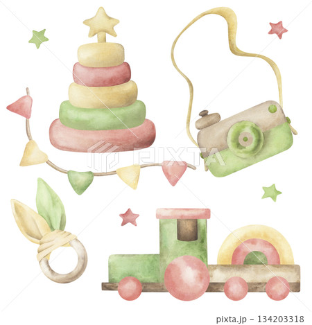 A set of wooden toys for babies: a camera, teether, pyramid, train, flags, and stars. These eco-friendly children's toys are hand-painted with watercolors. The illustration is suitable for packaging 134203318