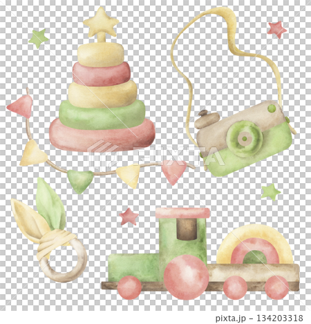 A set of wooden toys for babies: a camera, teether, pyramid, train, flags, and stars. These eco-friendly children's toys are hand-painted with watercolors. The illustration is suitable for packaging A set of wooden toys for babies: a camera, teether, pyramid, train, flags, and stars. These eco-friendly children's toys are hand-painted with watercolors. The illustration is suitable for packaging 134203318