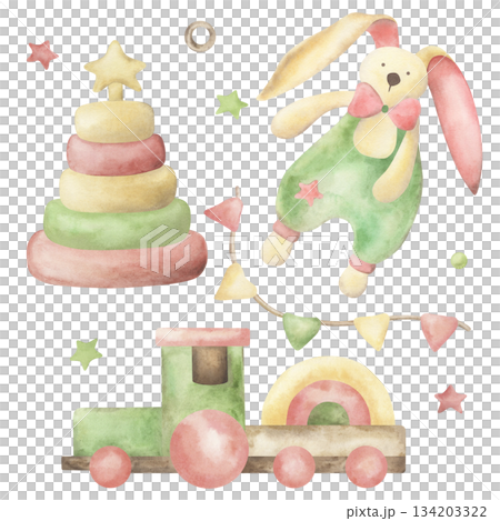 A set of wooden toys for toddlers: a pyramid, a train, a bunny, flags, and stars. These eco-friendly children's toys are hand-painted with watercolors. The illustration is suitable for packaging A set of wooden toys for toddlers: a pyramid, a train, a bunny, flags, and stars. These eco-friendly children's toys are hand-painted with watercolors. The illustration is suitable for packaging 134203322