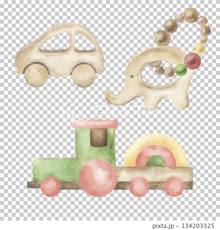 A set of wooden eco-friendly toys for babies: an elephant rattle, a train, and a car. Hand-drawn watercolor illustrations of children's items. Suitable for nursery design, packaging, cards, textiles A set of wooden eco-friendly toys for babies: an elephant rattle, a train, and a car. Hand-drawn watercolor illustrations of children's items. Suitable for nursery design, packaging, cards, textiles 134203325