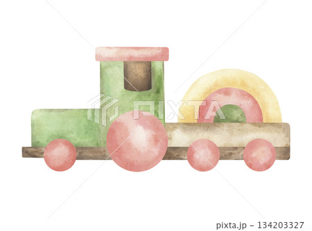 Watercolor illustration of a wooden children's train in green, pink, yellow. The eco-friendly toy for the baby is hand-painted in a soft pastel style. For the design of children's products, postcards 134203327