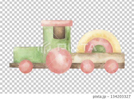 Watercolor illustration of a wooden children's train in green, pink, yellow. The eco-friendly toy for the baby is hand-painted in a soft pastel style. For the design of children's products, postcards 134203327