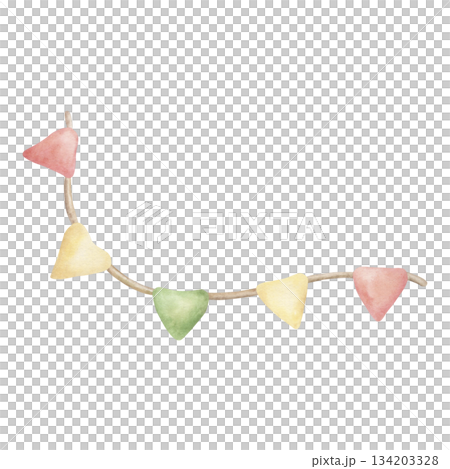 A watercolor illustration of children's flags in yellow, green, and pink. This hand-drawn holiday decoration features a soft, eco-friendly design. Perfect for cards, invitations, baby showers A watercolor illustration of children's flags in yellow, green, and pink. This hand-drawn holiday decoration features a soft, eco-friendly design. Perfect for cards, invitations, baby showers 134203328