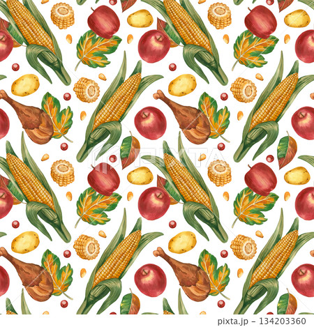 Seamless watercolor pattern on the theme of Thanksgiving. Ripe corn, apples, turkey leg, potatoes, berries and autumn leaves. Everything is hand-painted with watercolor. For printing on fabric, paper. 134203360