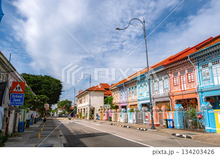 シンガポール カトン地区 プラナカン建築が並ぶクーン・セン・ロードのカラフルな街並み 134203426