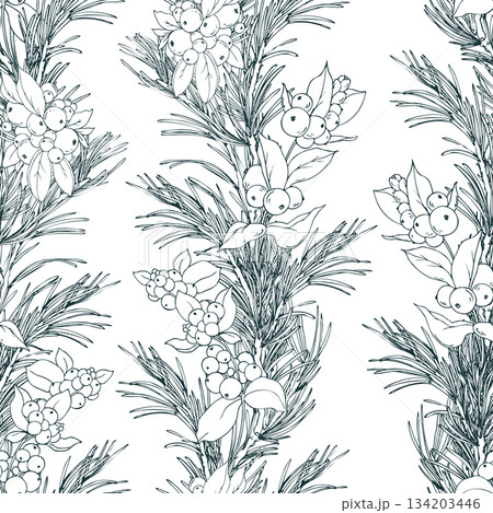 A seamless pattern of pine branches with snowberries and floral garlands. This graphic line art illustration is hand-drawn with pen and ink in monochrome. Christmas, winter, and New Year s print. 134203446