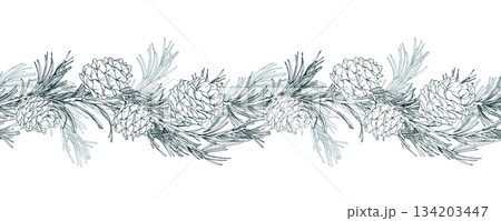 A seamless border pattern of pine branches and cones, fluffy floral garland. A hand-drawn monochrome line art graphic illustration with pen and ink. Christmas, winter, and New Year s decor. 134203447