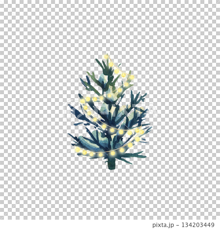 Watercolor Christmas tree decorated with yellow lights. Festive spruce hand drawn illustration for holiday greeting card. Winter season decoration. 134203449