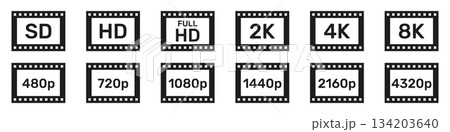 Display Resolution Icons. HD, Full HD, UHD, 4K, 8K, SD. HD Quality Set Collection. Set Of Video Quality Icons. Screen Resolution Badges. Isolated Vector Illustration 134203640