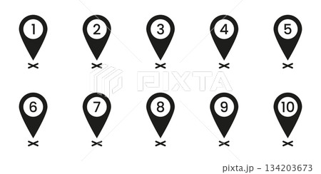 Black Numbered Location Pin Solid Icon Set. Sequential Map Marker Silhouette Symbol Collection. Navigation, Geolocation, And Wayfinding Design Elements. Isolated Vector Illustration 134203673