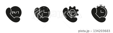 Phone Service Icons Solid Icon Set. Customer Support, 24-7 Availability, Technical Assistance, And Time Management Silhouette Symbol. Communication And Efficiency. Isolated Vector Illustration 134203683